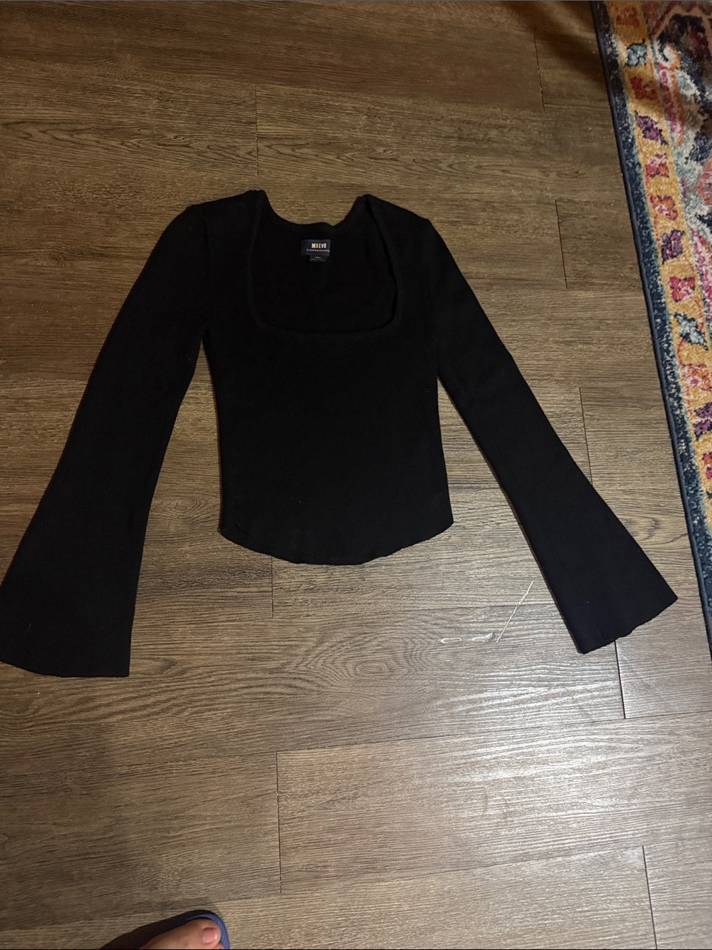 Anthropologie Black Long Sleeve Scoop Neck Top with Flared Sleeves